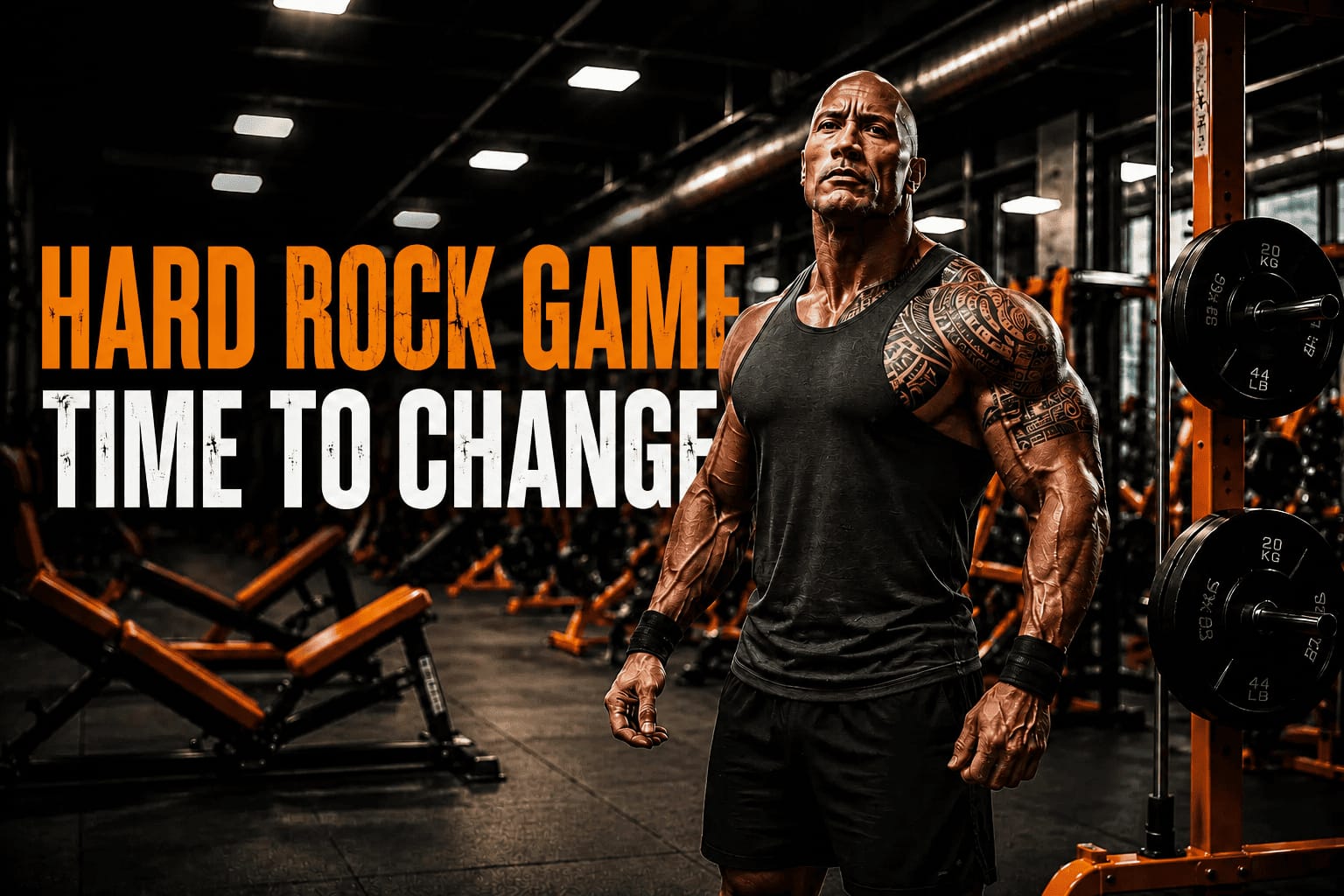 Motivational fitness poster featuring a muscular athlete standing in a modern gym with the quote “HARD ROCK GAME TIME TO CHANGE” in bold orange and white typography.